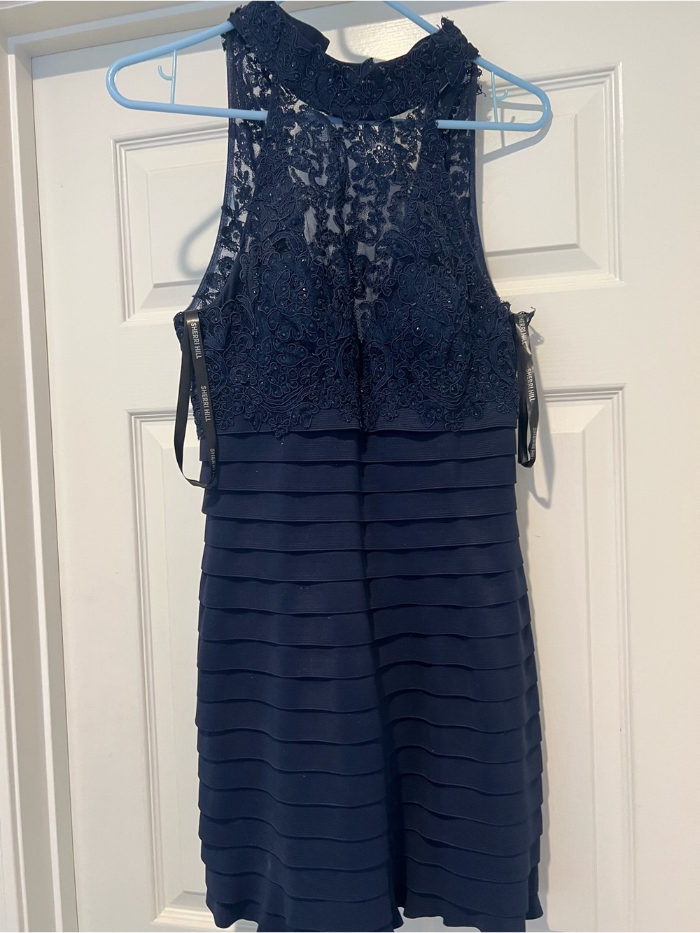 Sherri Hill Navy Lace Neck and Bandage Bodice Mini Dress